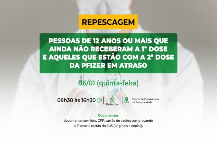 Repescagem: Saúde convoca população de 12 anos ou mais para receber a primeira dose