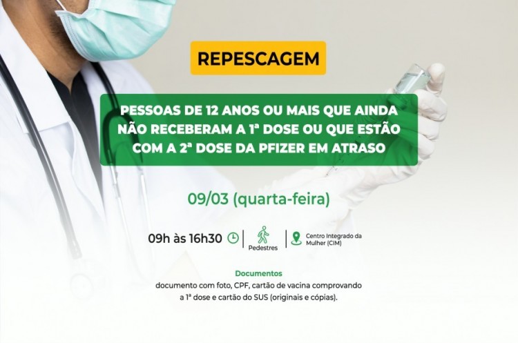 Repescagem: Saúde convoca população de 12 anos ou mais para receber a primeira dose