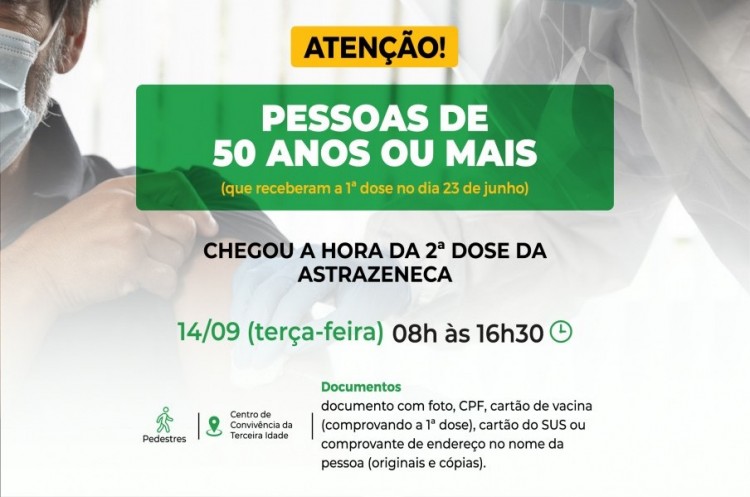 Pessoas com 50 anos ou mais receberão reforço da AstraZeneca nesta terça