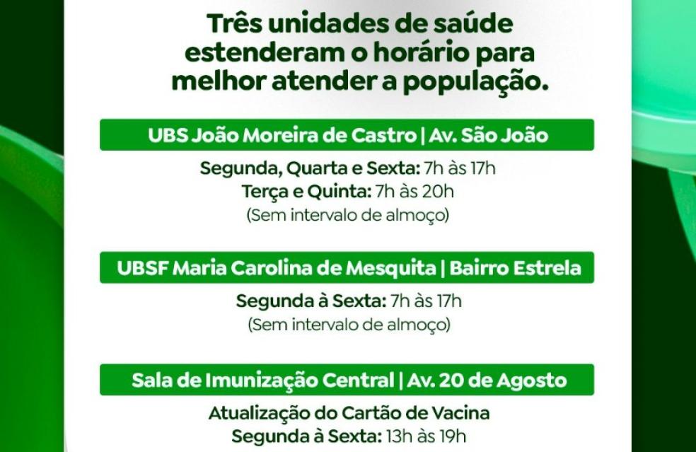 Prefeitura amplia horário de funcionamento em 3 unidades de saúde