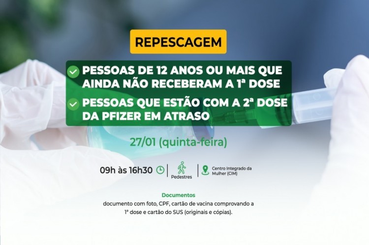 Repescagem: Saúde convoca população de 12 anos ou mais para receber a primeira dose