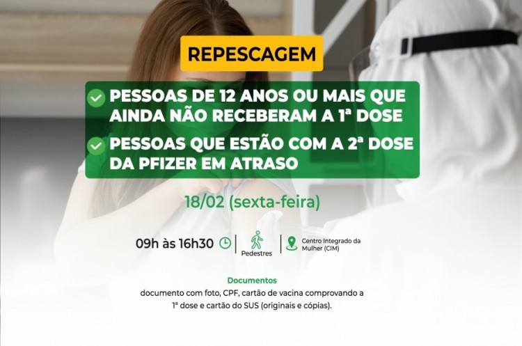 Repescagem: Saúde convoca população de 12 anos ou mais para receber a primeira dose