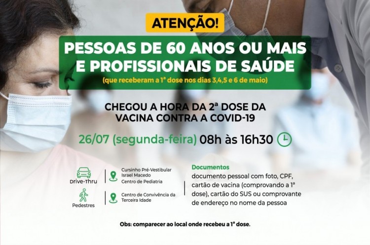 Idosos de 60 anos ou mais e profissionais de saúde receberão segunda dose da AstraZeneca na próxima segunda