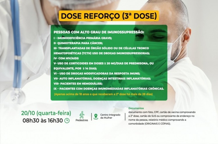 Saúde convoca pessoas com alto grau de imunossupressão para receberem a Terceira Dose da vacina contra o coronavírus