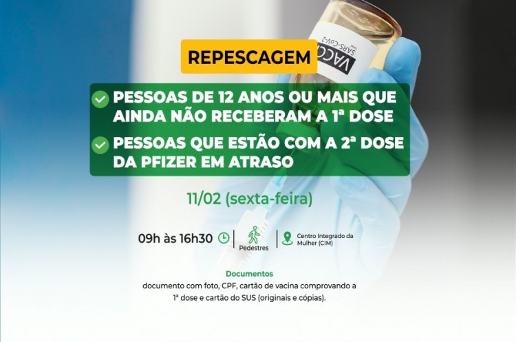 Repescagem: Saúde convoca população de 12 anos ou mais para receber a primeira dose