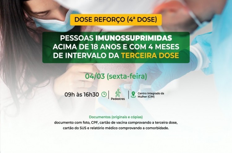 Saúde convoca imunossuprimidos para receberem Dose Reforço (4ª dose)