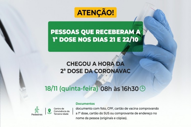 Saúde aplicará reforço para quem tomou a primeira dose nos dias 21 e 22 de Outubro