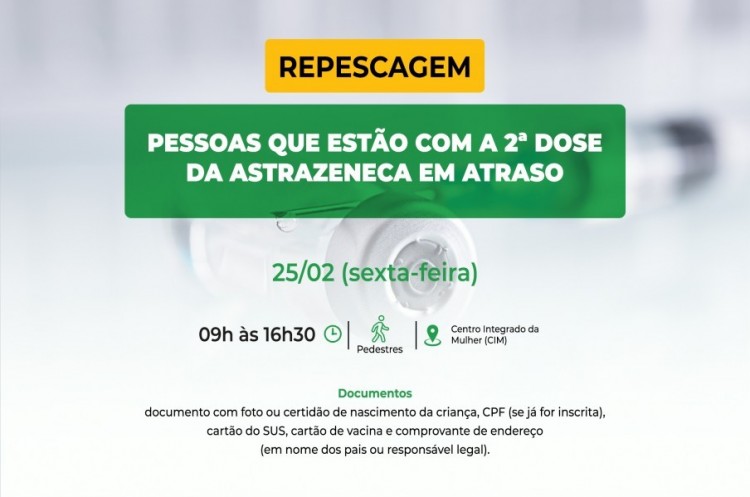 Saúde vacinará pessoas que estão com a segunda dose da AstraZeneca em atraso