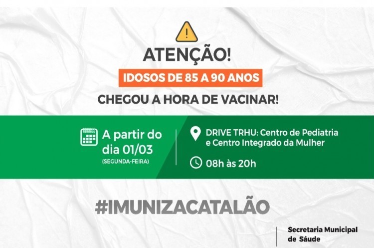 Idosos de 85 a 89 anos serão vacinados a partir de segunda (01) em Catalão