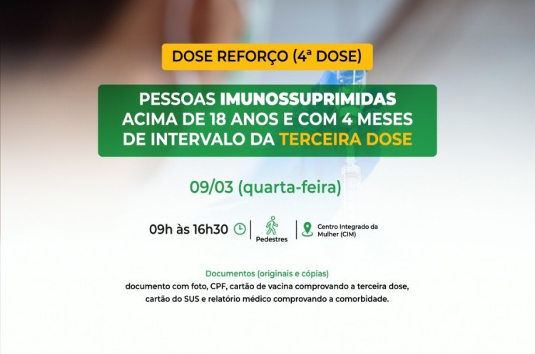 Saúde convoca imunossuprimidos para receberem Dose Reforço (4ª dose)