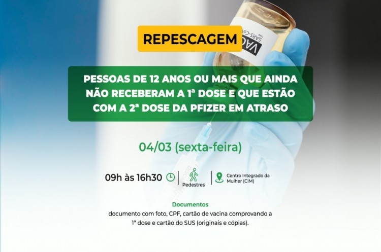 Repescagem: Saúde convoca população de 12 anos ou mais para receber a primeira dose