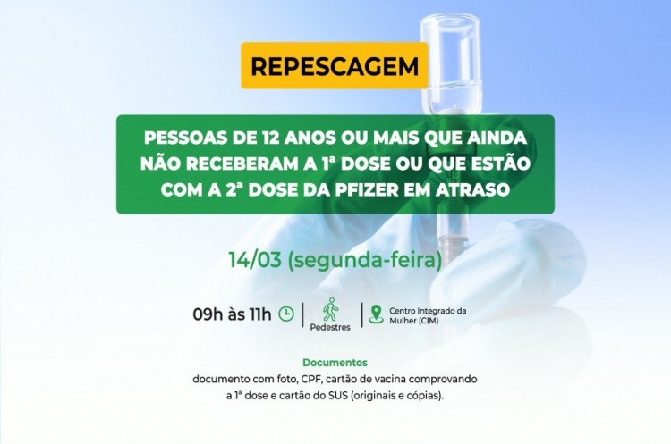 Repescagem: Saúde convoca população de 12 anos ou mais para receber a primeira dose