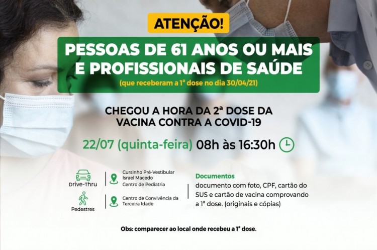 Idosos de 61 anos ou mais e profissionais de saúde receberão segunda dose da AstraZeneca nesta quinta