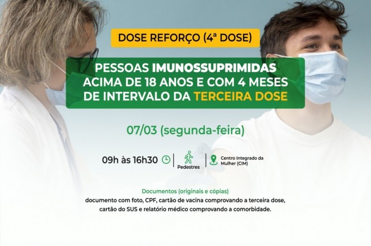 Saúde convoca imunossuprimidos para receberem Dose Reforço (4ª dose)