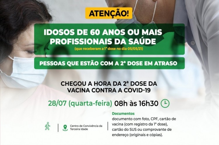 Idosos de 60 anos ou mais, profissionais de saúde e demais pessoas que estão com a segunda dose em atraso receberão reforço da AstraZeneca nesta quarta