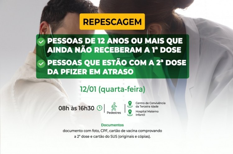 Repescagem: Saúde convoca população de 12 anos ou mais para receber a primeira dose