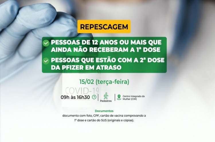 Repescagem: Saúde convoca população de 12 anos ou mais para receber a primeira dose