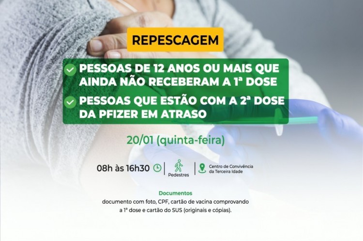 Repescagem: Saúde convoca população de 12 anos ou mais para receber a primeira dose