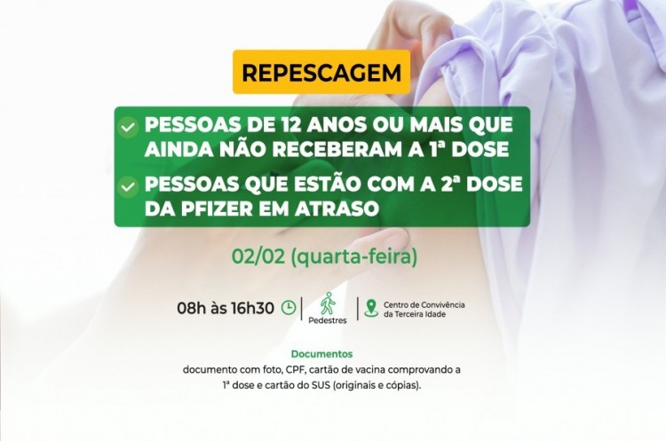 Repescagem: Saúde convoca população de 12 anos ou mais para receber a primeira dose