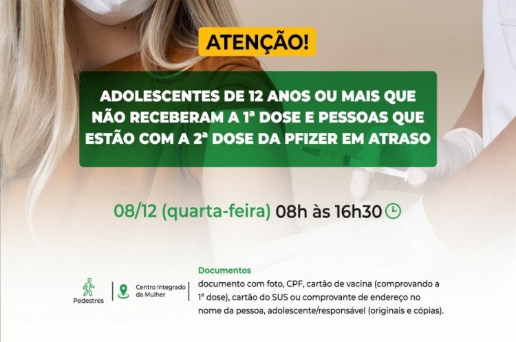 Saúde convoca população de 12 anos ou mais para receber a primeira dose