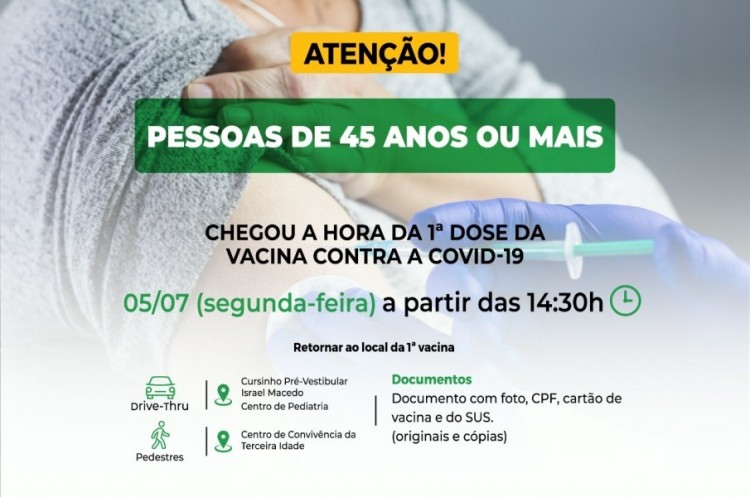 Covid-19: Vacinação liberada para pessoas com 45 anos 