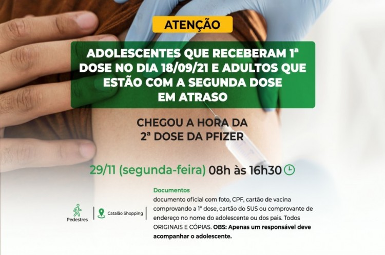 Saúde aplicará dose de reforço em adolescentes que receberam 1ª dose no dia 18/09/21 e em adultos que estão com a segunda dose em atraso. A aplicação será na próxima segunda-feira (29).