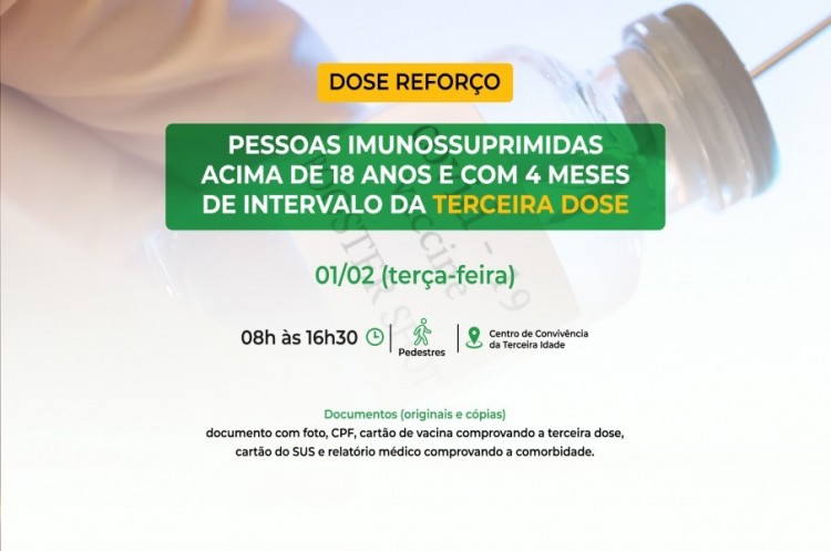 Saúde convoca imunossuprimidos para receberem Dose Reforço (4ª dose)