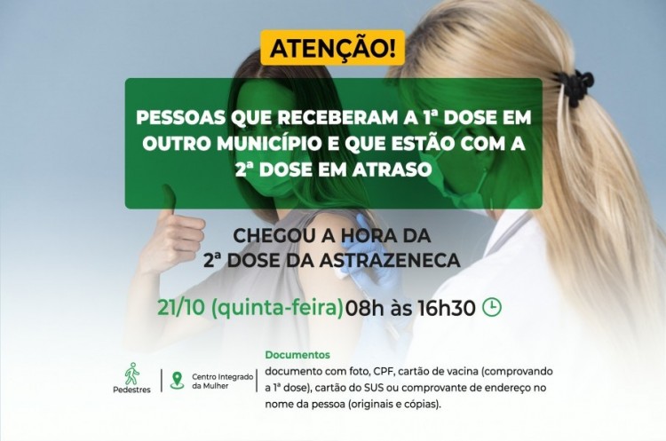 Segunda dose AstraZeneca: Saúde convoca pessoas que receberam a primeira vacina em outra cidade e estão com o reforço em atraso