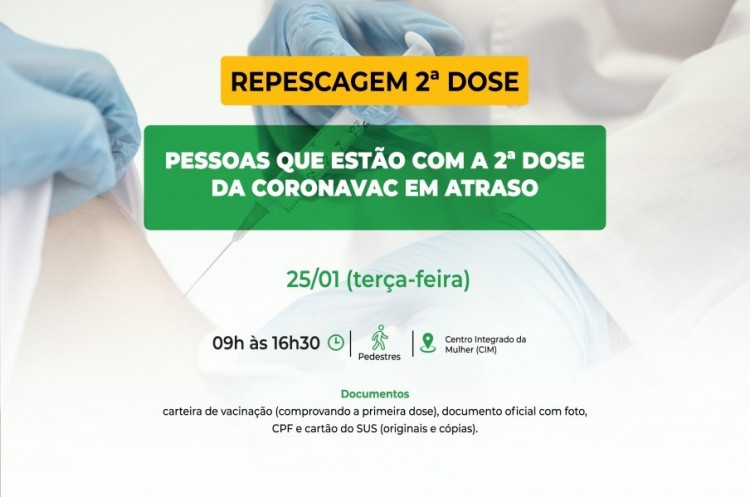 Saúde aplicará reforço para quem ainda não tomou a segunda dose da CoronaVac