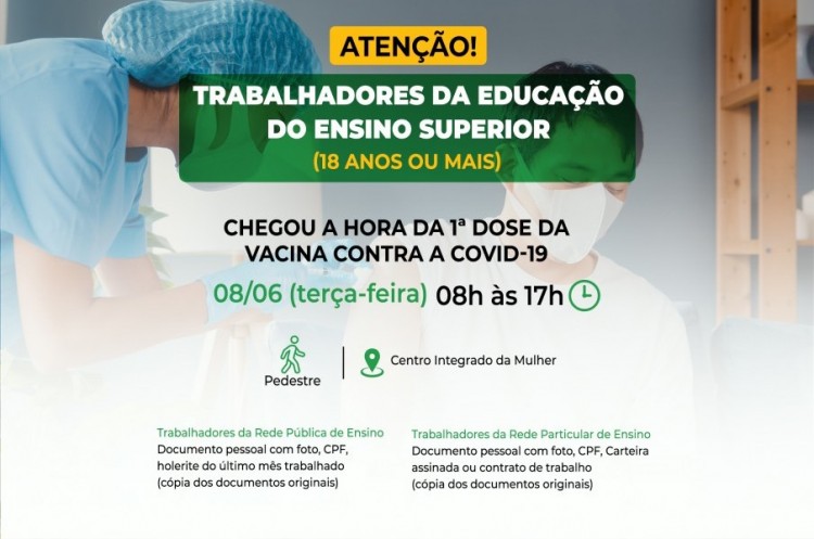 Trabalhadores do ENSINO SUPERIOR de 18 anos ou mais: imunização contra a Covid-19 continua nesta terça