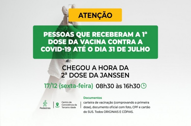 Saúde aplicará reforço para quem ainda não tomou a segunda dose da JANSSEN