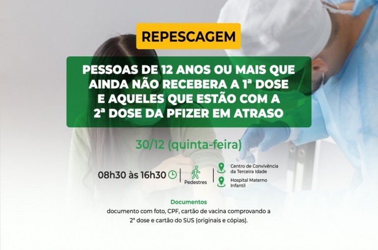 Repescagem: Saúde convoca população de 12 anos ou mais para receber a primeira dose