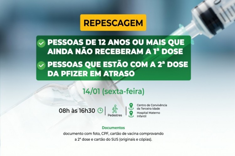 Repescagem: Saúde convoca população de 12 anos ou mais para receber a primeira dose