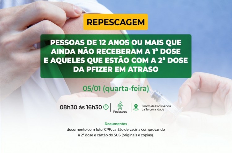 Repescagem: Saúde convoca população de 12 anos ou mais para receber a primeira dose