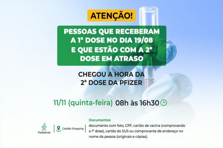 Saúde aplicará reforço para quem tomou a primeira dose no dia 19 de Agosto