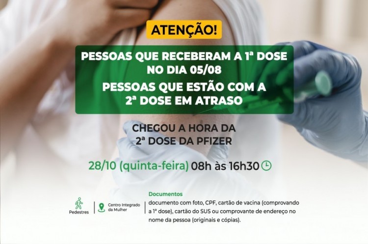 Segunda dose PFIZER: saúde aplicará reforço nesta quinta para quem tomou a primeira dose no dia 05 de Agosto