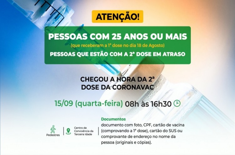 Covid-19: Pessoas com 25 anos ou mais receberão reforço da CORONAVAC nesta quarta