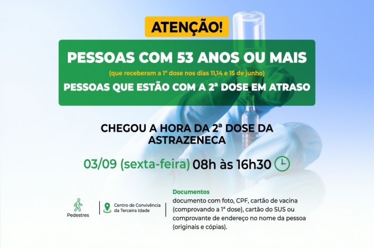 População com 53 anos ou mais e pessoas com segunda dose em atraso receberão reforço da AstraZeneca nesta sexta