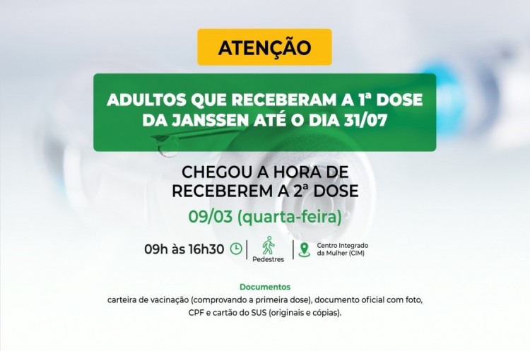 Saúde aplicará reforço para quem ainda não recebeu a segunda dose da JANSSEN