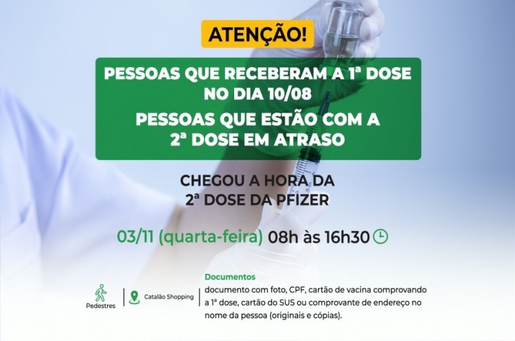 Segunda dose PFIZER: saúde aplicará reforço para quem tomou a primeira dose no dia 10 de Agosto