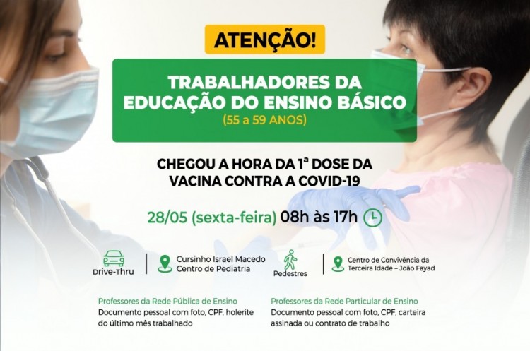 Trabalhadores da educação básica de 55 a 59 anos receberão a 1ª dose da vacina contra a Covid-19 em Catalão