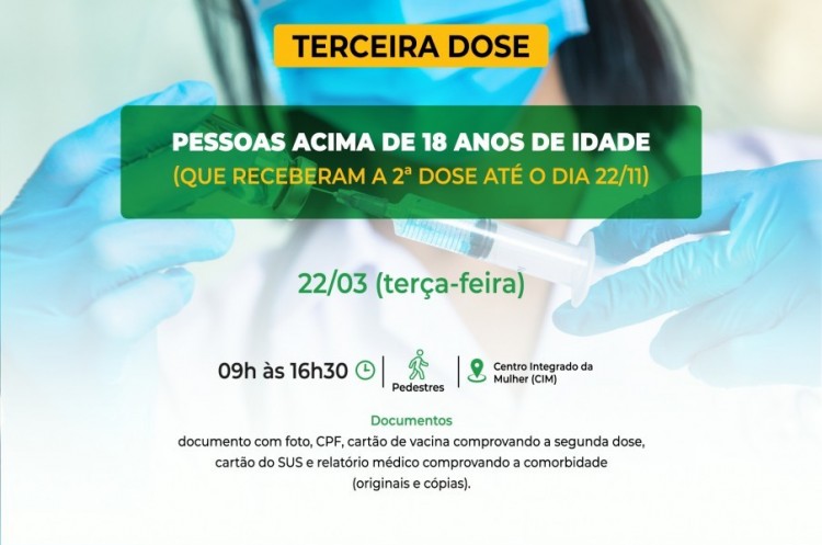 Saúde convoca população adulta para receber a Terceira Dose