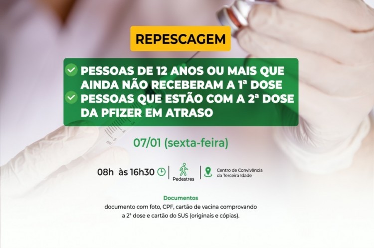 Repescagem: Saúde convoca população de 12 anos ou mais para receber a primeira dose