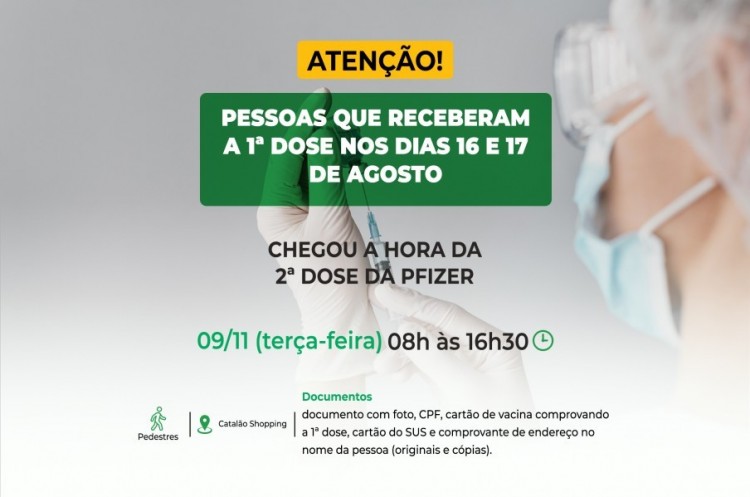 Saúde aplicará reforço para quem tomou a primeira dose nos dias 16 e 17 de Agosto