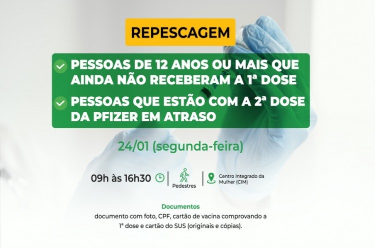 Repescagem: Saúde convoca população de 12 anos ou mais para receber a primeira dose