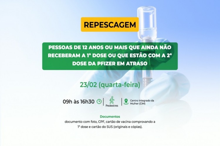 Repescagem: Saúde convoca população de 12 anos ou mais para receber a primeira dose