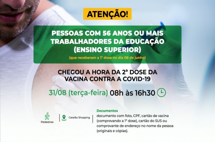 População com 56 anos ou mais, trabalhadores da educação do Ensino Superior e pessoas com segunda dose em atraso receberão reforço da AstraZeneca nesta terça