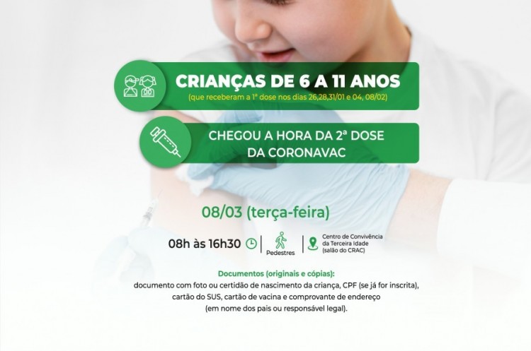 Covid-19: Saúde convoca crianças de 6 a 11 anos para receberem a segunda dose da Coronavac 