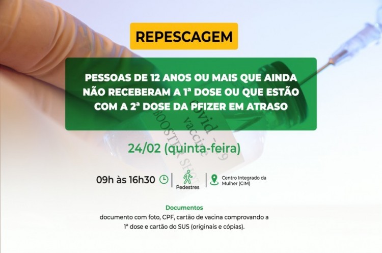 Repescagem: Saúde convoca população de 12 anos ou mais para receber a primeira dose