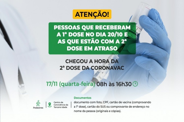 Saúde aplicará reforço para quem tomou a primeira dose no dia 20 de Outubro